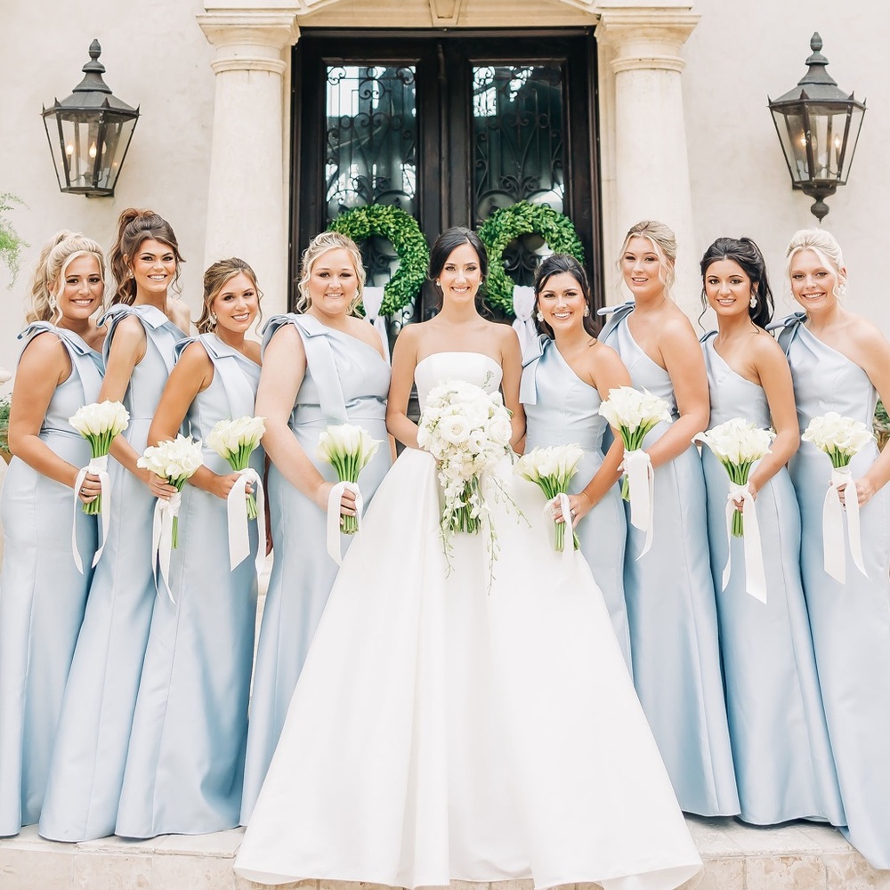 ALFRED SUNG Light Blue One-Shoulder Satin Bridesmaid Dresses